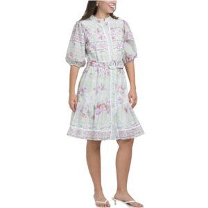 LEA Short Sleeve Floral Mini Dress With Covered Belt